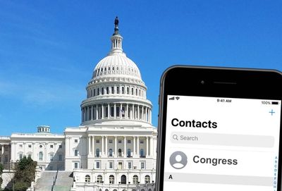 United States Capitol Building in background with mobile phone displaying "Contacts" and "Congress"