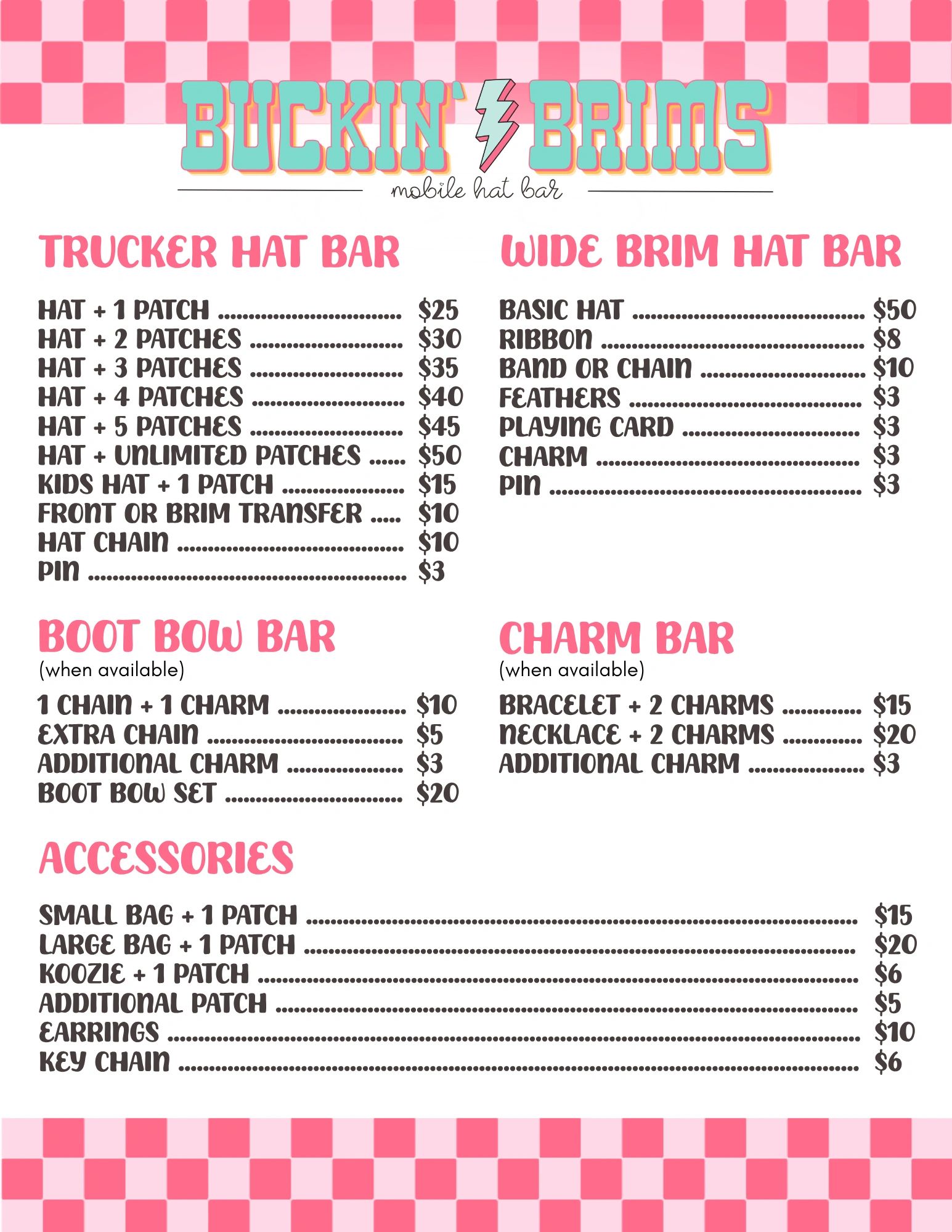 Price list for Buckin' Brims mobile hat bar services and accessories.