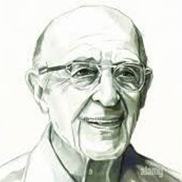 Sketch portrait of an elderly man with glasses and a gentle smile.