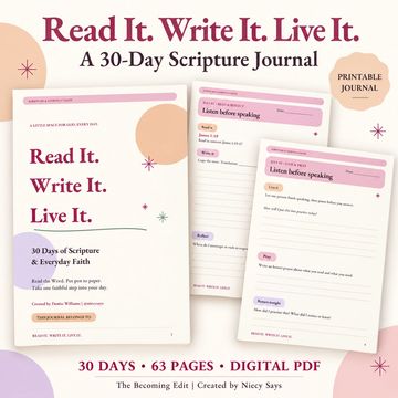 A 30-day scripture journal titled 'Read It. Write It. Live It.'