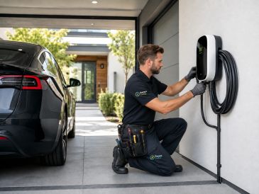 Technician installing an electric vehicle charger at home.