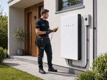 Technician installing Tesla Powerwall on house exterior.