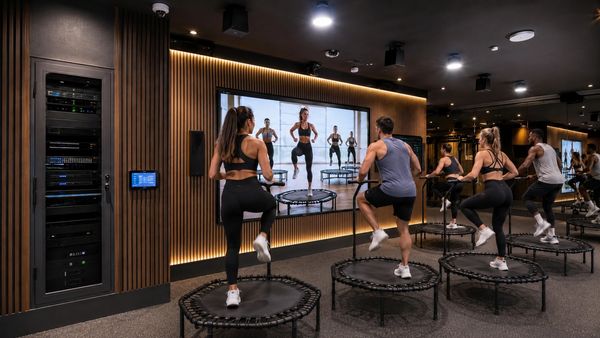People exercising on trampolines in front of a large screen.
