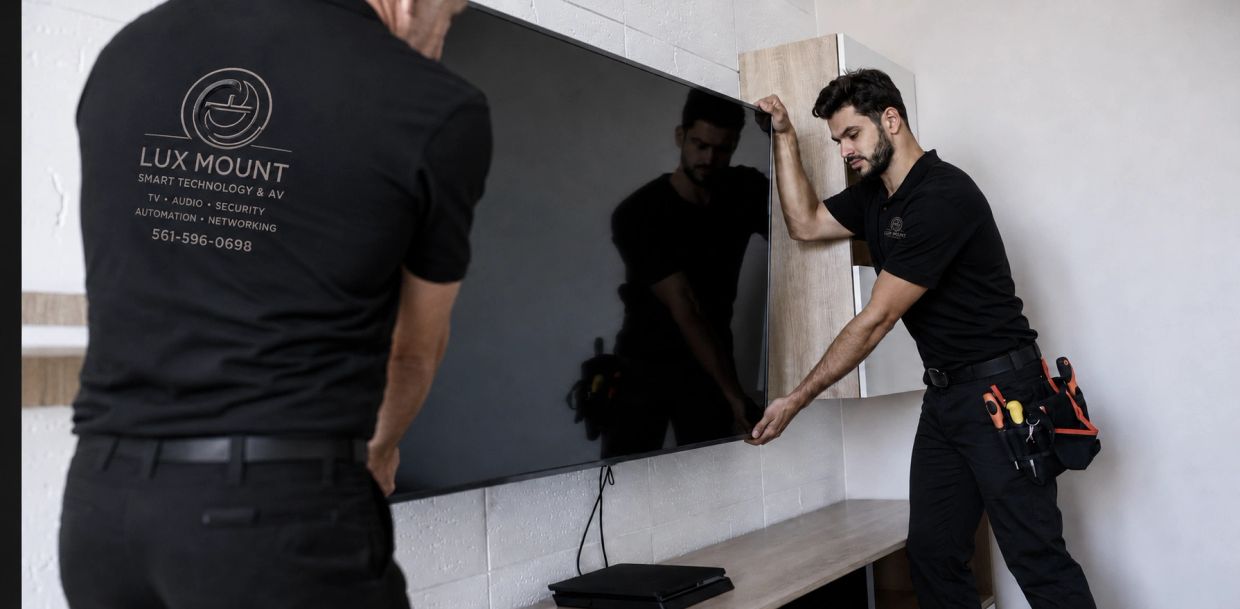Two men installing a wall-mounted TV.