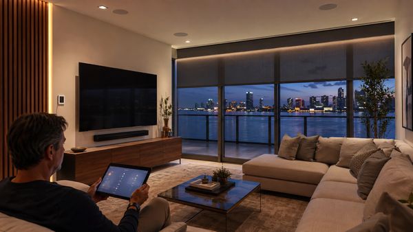 Man using tablet in modern living room with city skyline view at night.