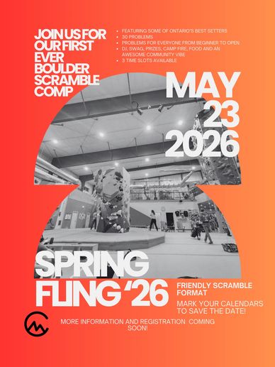 Flyer for Spring Fling '26 boulder scramble on May 23, 2026, with prizes and community fun.