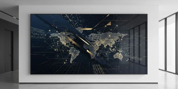 Modern office wall with digital world map artwork.