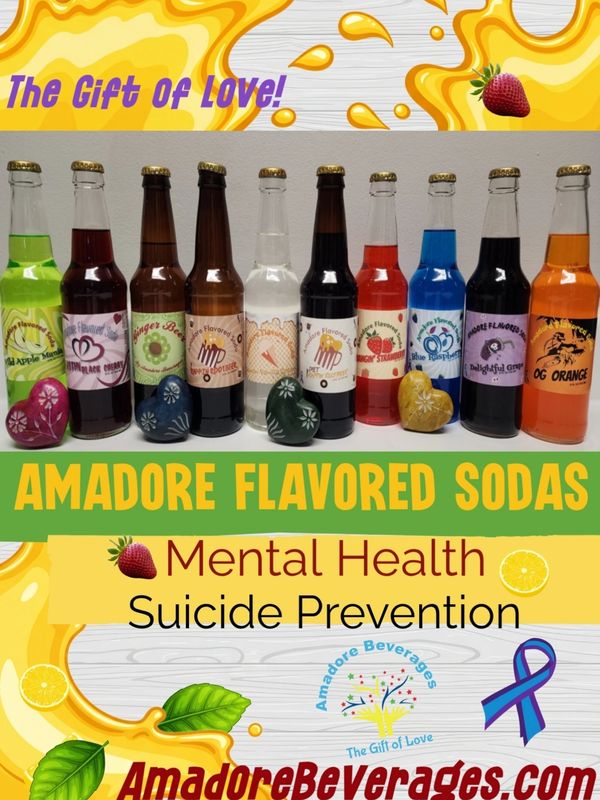 Various Amadore flavored soda bottles promoting mental health and suicide prevention.
