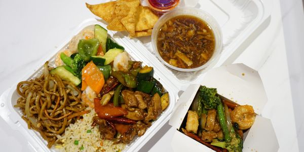 2-item combo takeout meal with hot and sour soup and fried wontons.