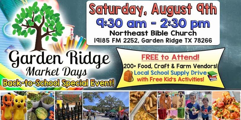 Garden Ridge Market Days event on August 9th with food, crafts, and kids' activities.