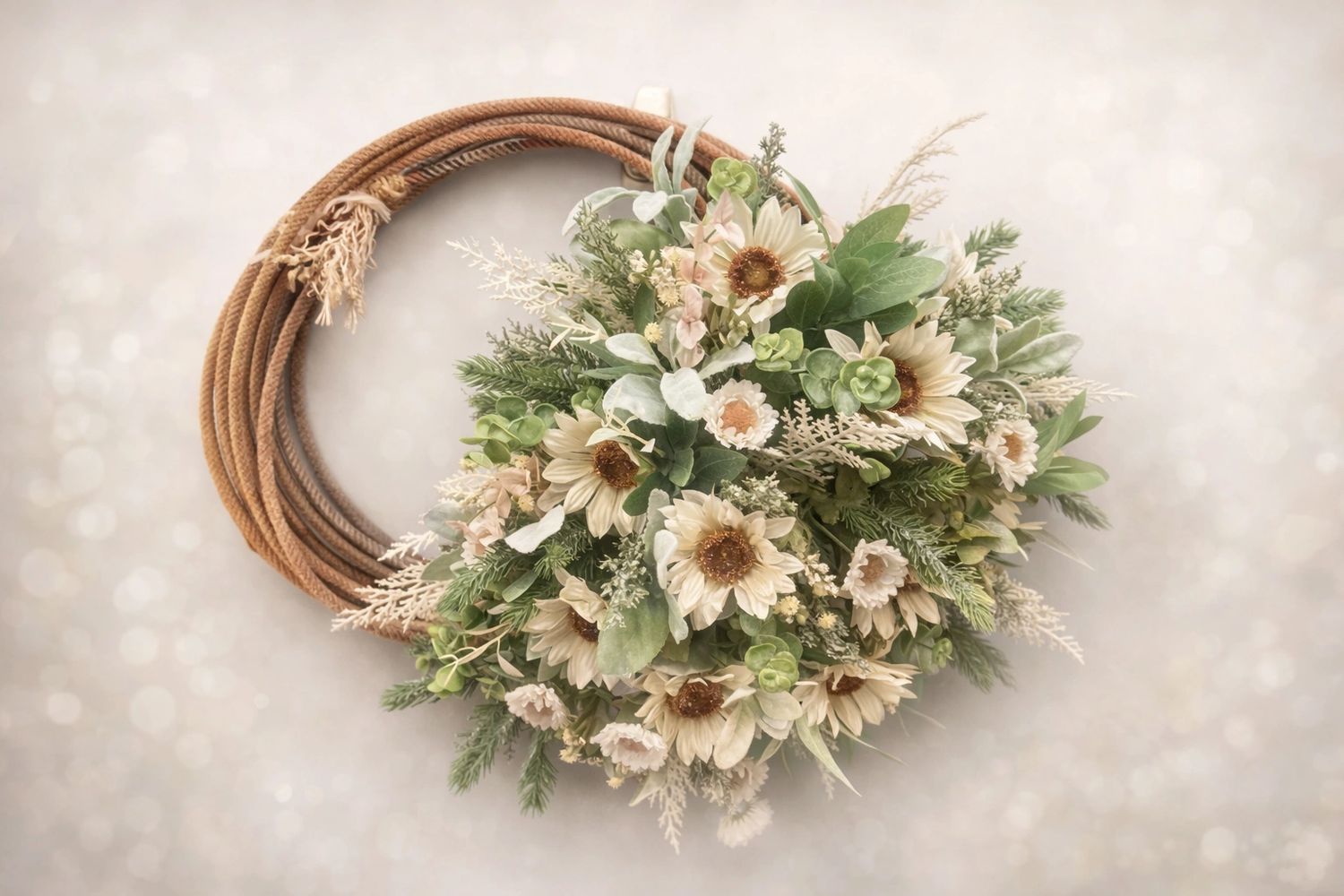 A rustic floral wreath with sunflowers and greenery.