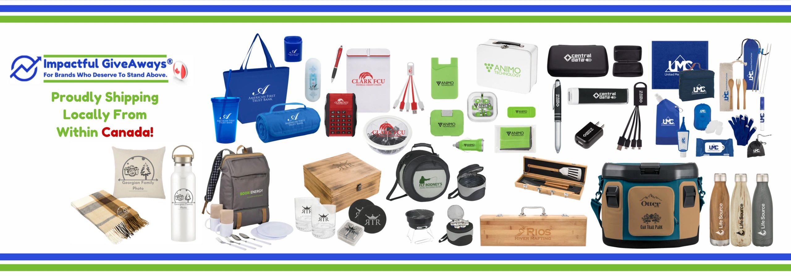 Selection of promotional products, corporate giveaways and custom branded promotional gifts.