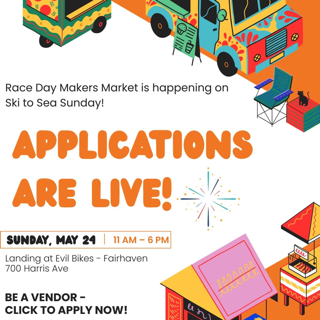 Flier announcing application open for makers market on 5/24 with images of art market tents and deta
