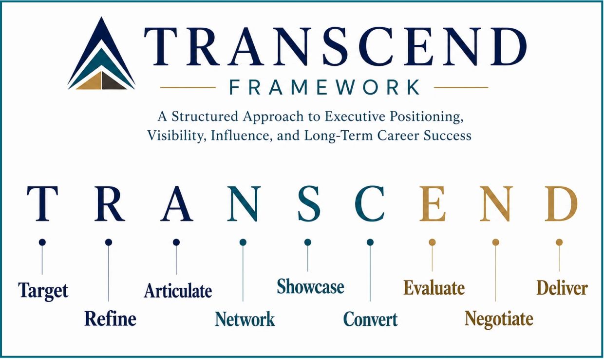 Transcend Framework for executive success through Target, Refine, Articulate, Network, Showcase, Convert, Evaluate, Negotiate, Deliver.