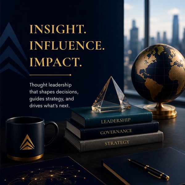 Elegant workspace with leadership books, a globe, and a motivational quote on insight, influence, and impact.