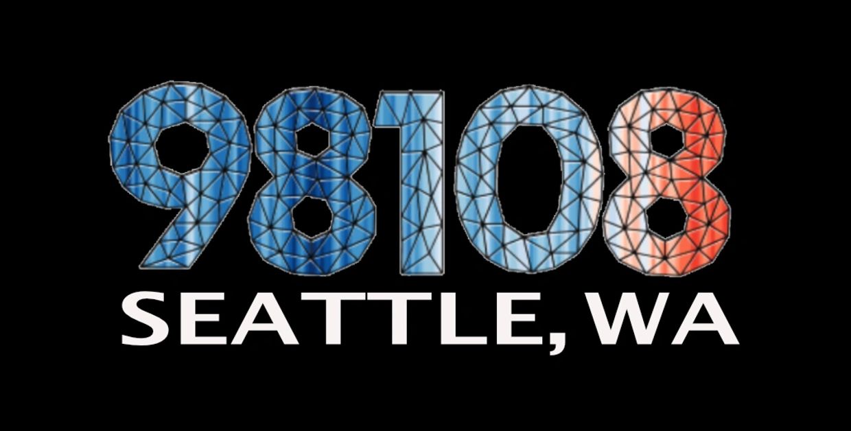 ZIP code 98108 for Seattle, WA in stylized blue and red text.