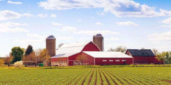 Red barn on a farm with silos and field.
