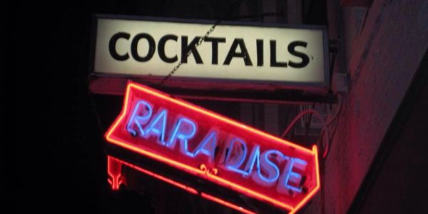 Neon sign for cocktails and Paradise bar at night.