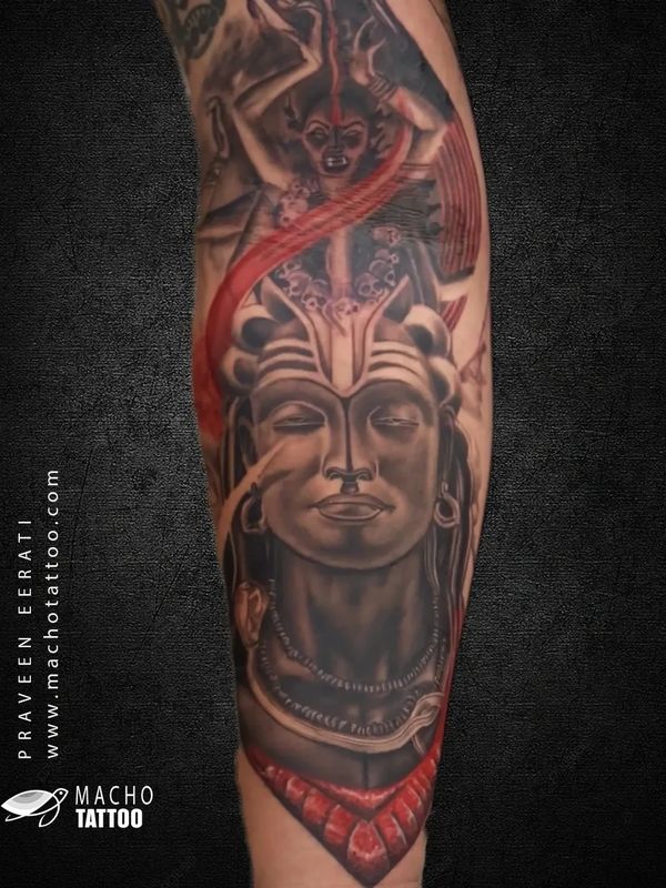 A Lord Shiva with Kali tattoo represents the union of masculine and feminine energies, creation 