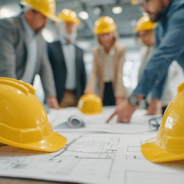 Group of engineers reviewing blueprints with yellow safety helmets.