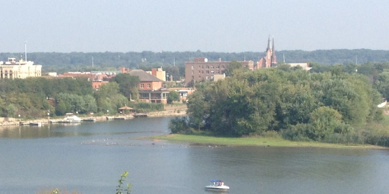View of the Illinois and Fox Rivers in Ottawa, Illinois. Central Life Building in the background.