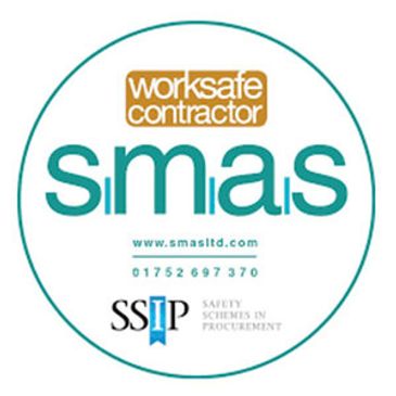 SMAS Worksafe Contractor logo with contact details and SSIP certification.