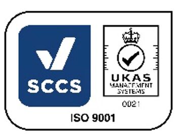 ISO 9001 certification logo with SCCS and UKAS symbols.