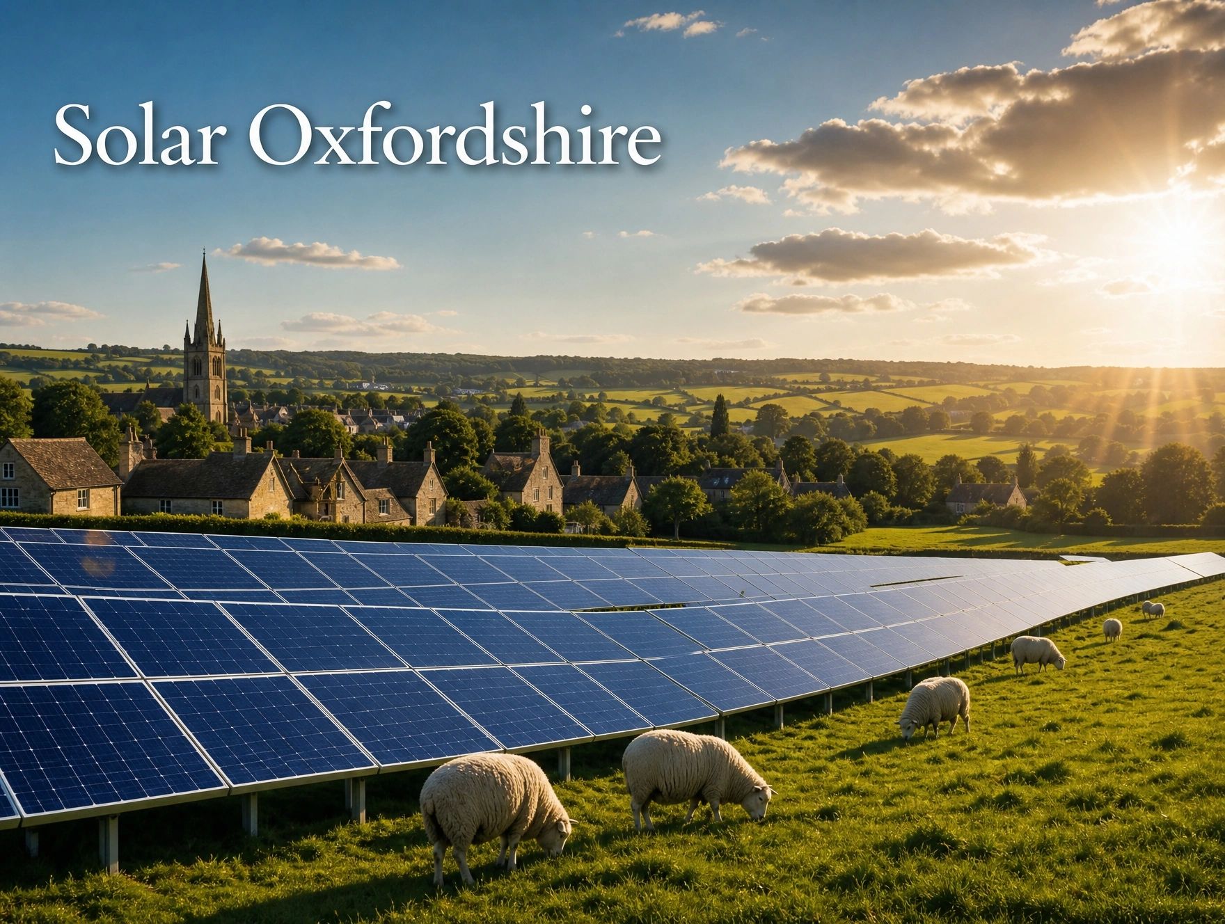 Paneles solares en Oxfordshire con ovejas en el campo.