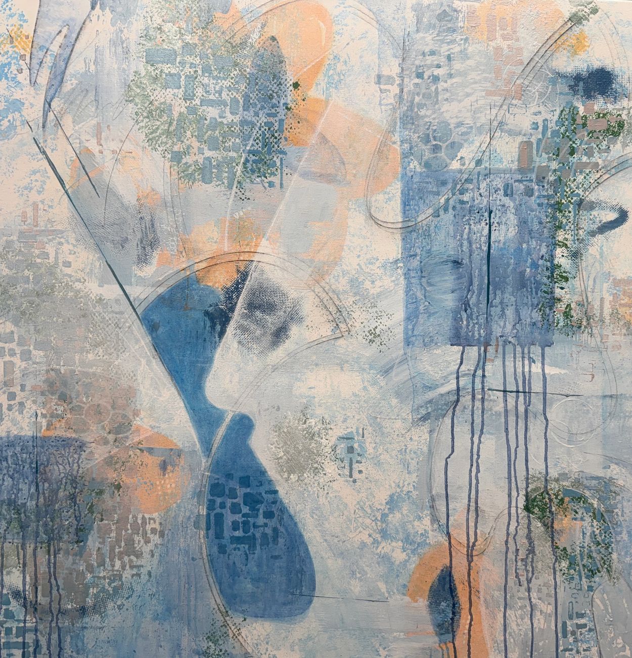 Abstract painting with blue, peach, and green hues in layered textures and shapes.