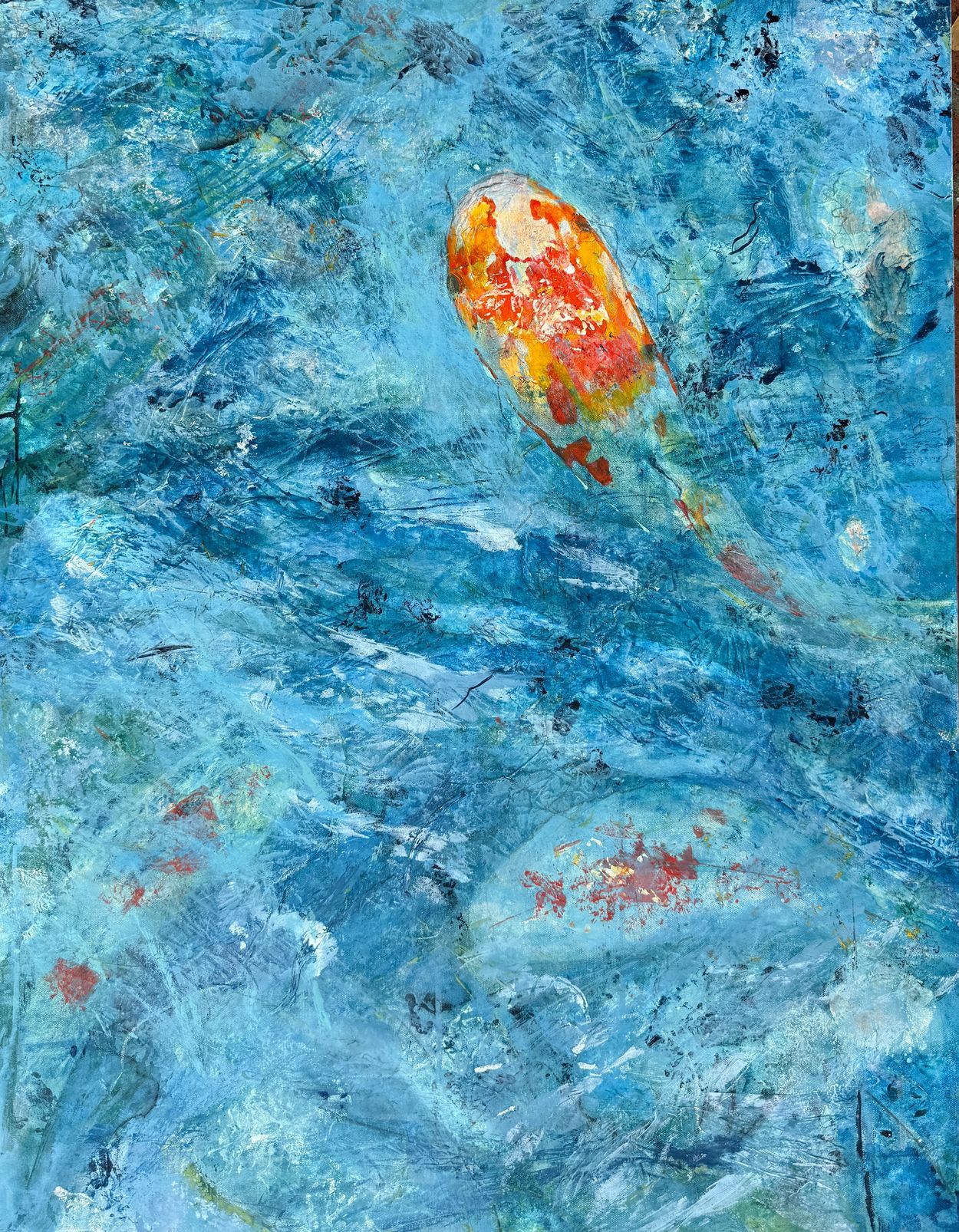 Abstract painting of a koi fish swimming in textured blue water.