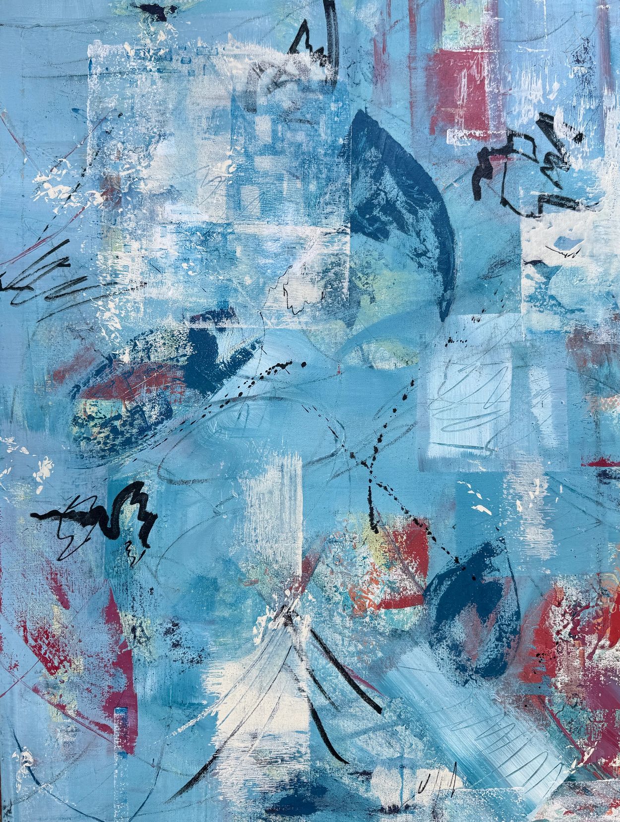 Abstract painting with blue tones and dynamic black and red strokes.