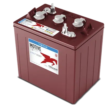 A red Trojan 6-volt motive battery with multiple terminals.