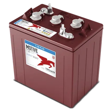 A maroon Trojan T-105 Plus 6-volt battery with terminals on top.