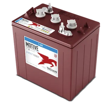A maroon Trojan Motive 6-volt battery with terminals and caps.