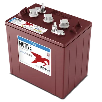 A red Trojan Motive 6-volt battery with white caps and terminals.