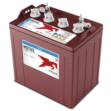 A brown Trojan motive battery with multiple terminals on top.