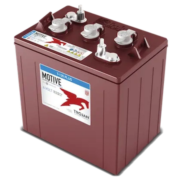 A brown Trojan T-128 Plus 6-volt battery with terminals on top.
