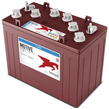 A brown Trojan Motive 12-volt battery with multiple terminal caps.
