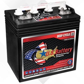 A black U.S. Battery deep cycle battery with American flag design.