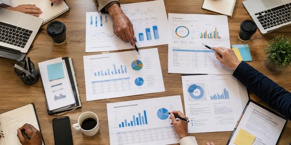 Team analyzing business charts and graphs during a meeting.