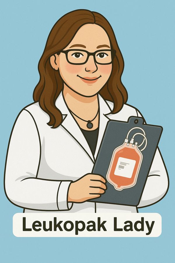 Illustration of a woman in a lab coat holding a blood bag clipboard, labeled 'Leukopak Lady'.