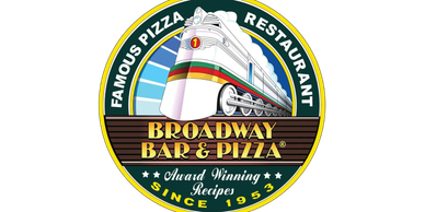 Logo of Broadway Bar &amp; Pizza with a classic train.