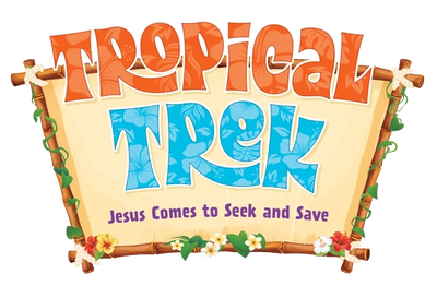 Colorful logo for 'Tropical Trek' with a tropical theme and religious message.