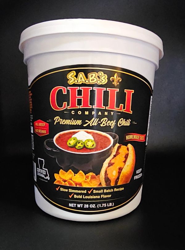 S.A.B's Chili Company Premium All-Beef Chili in a 28 oz container.