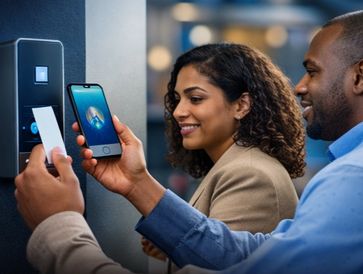 Two people using smartphone and access card with a security keypad.