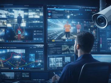 Man monitors multiple surveillance screens with a security camera nearby.