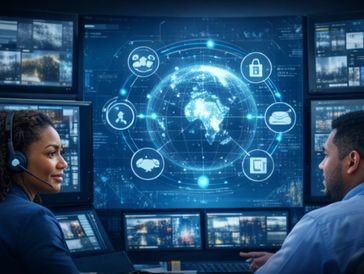 Two professionals monitoring global data on futuristic screens in a control room.
