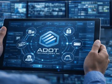 Hands holding a tablet displaying ADOT Technologies Inc interface with security icons.