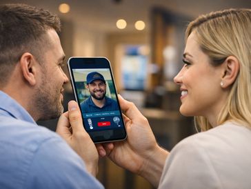 Couple video chatting with a man on a smartphone, all smiling warmly.