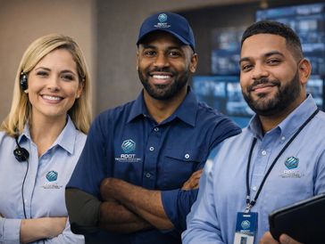 Three smiling professionals wearing ADOT Technologies Inc uniforms in a control room.